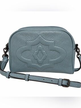Oryany Blue Gray Leather Crossbody Bag Embossed Logo Tassel Camera Purse